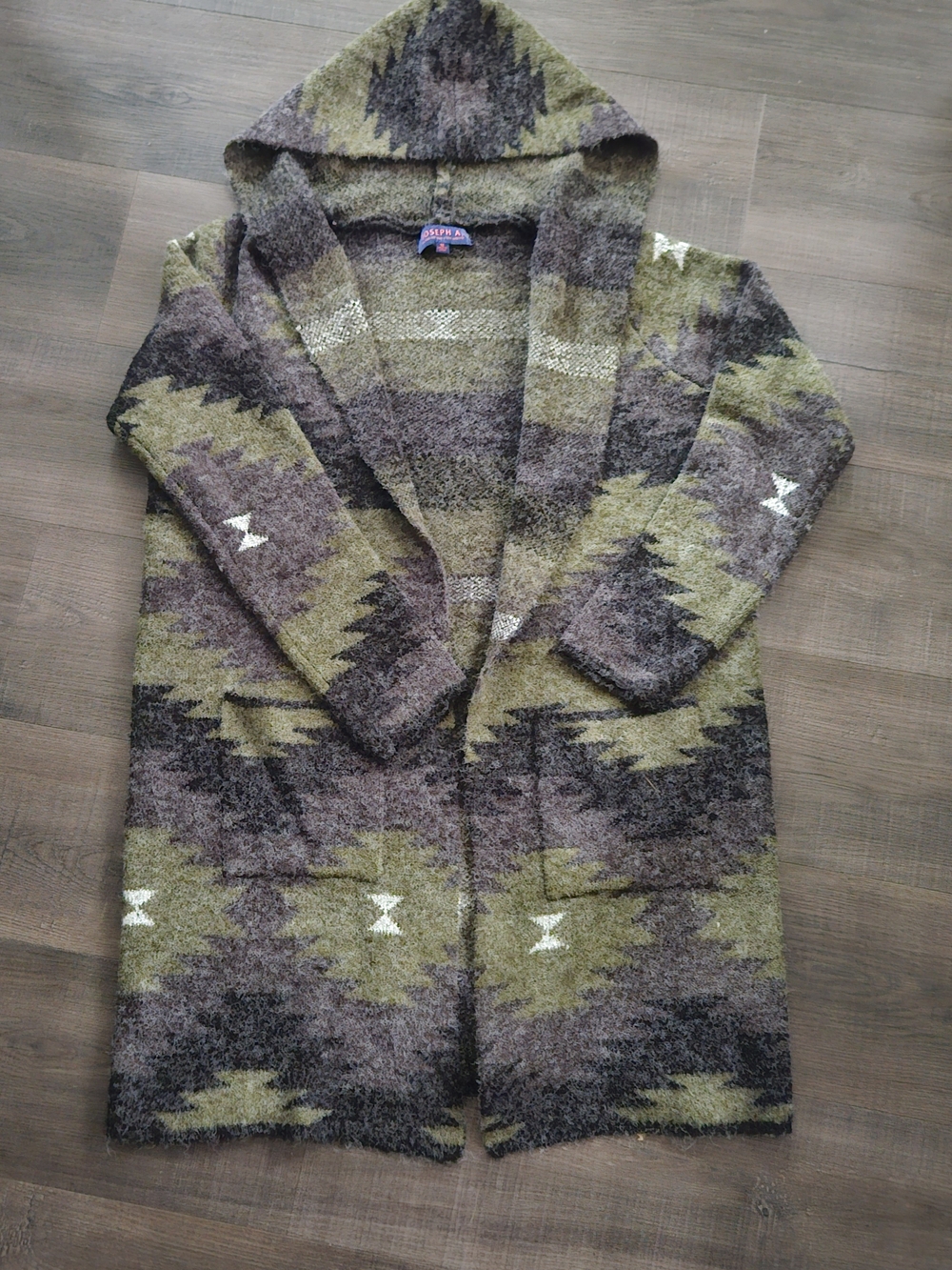 Joseph A Hooded Southwest Aztec Duster Cardigan Sweater Knit Coatigan Size M